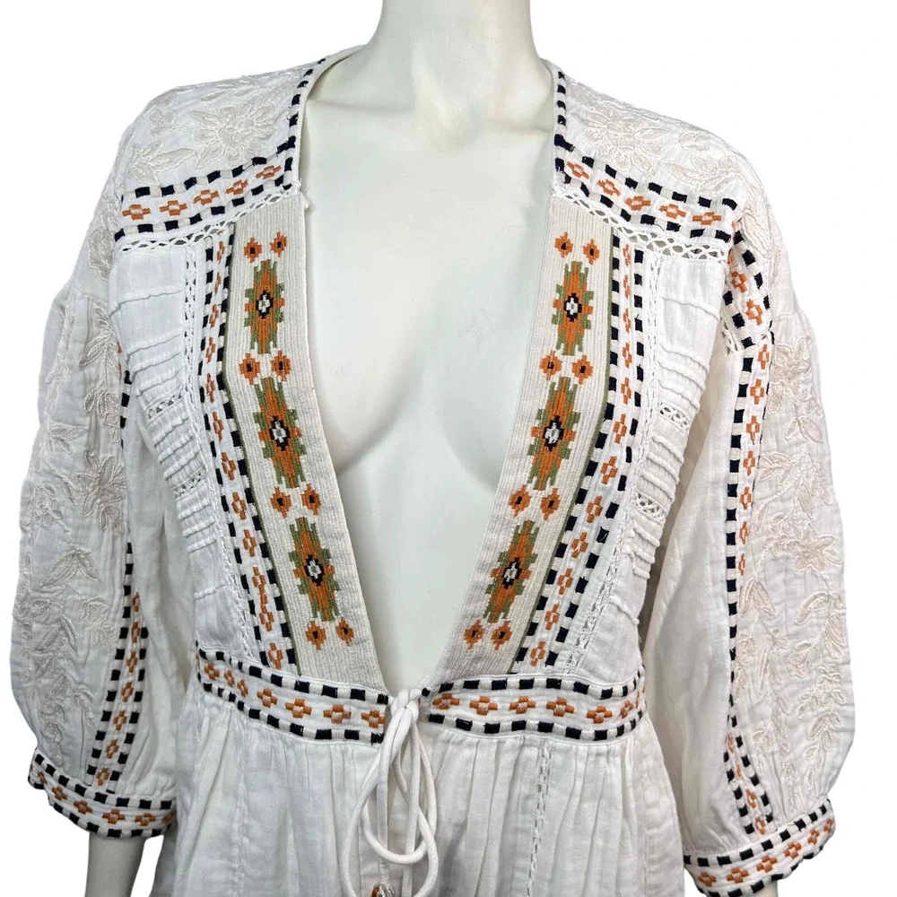 Sundance Marshmallow Embroidered Tassel Tie Open Front Bohemian Jacket‎ Womens L - Picture 2 of 12